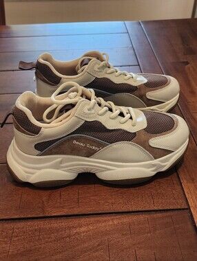 Chunky Sneakers Women Mesh Leather Platform Shoes Mixed Colors Lace-Up Lady 7.5